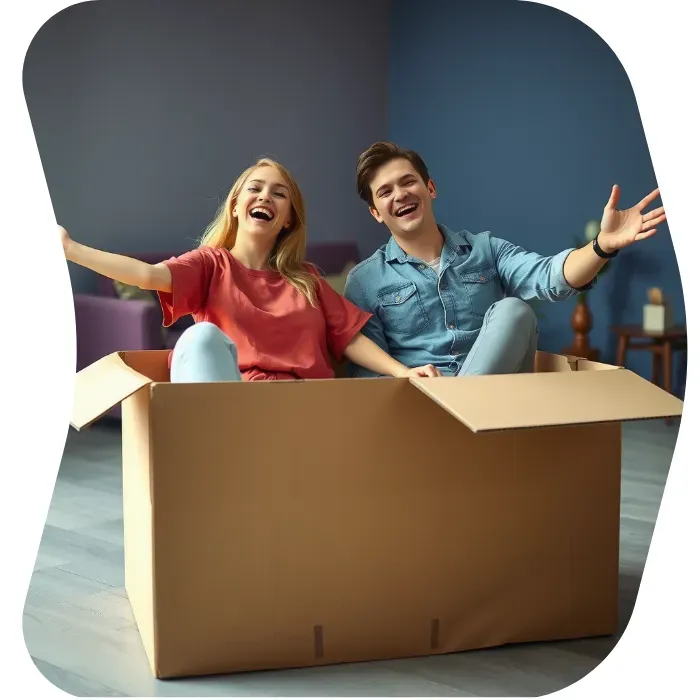 Two guys sitting on the floor of their apartment with Muval moving boxes